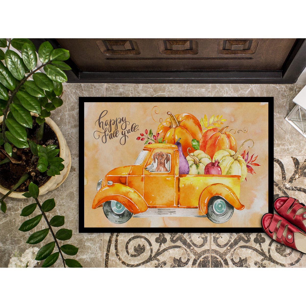 Carolines Treasures CK2620MAT Fall Harvest Vizsla Door Mat Indoor Rug or Outdoor Welcome Mat 18x27 Doormat  27"L x 18"W