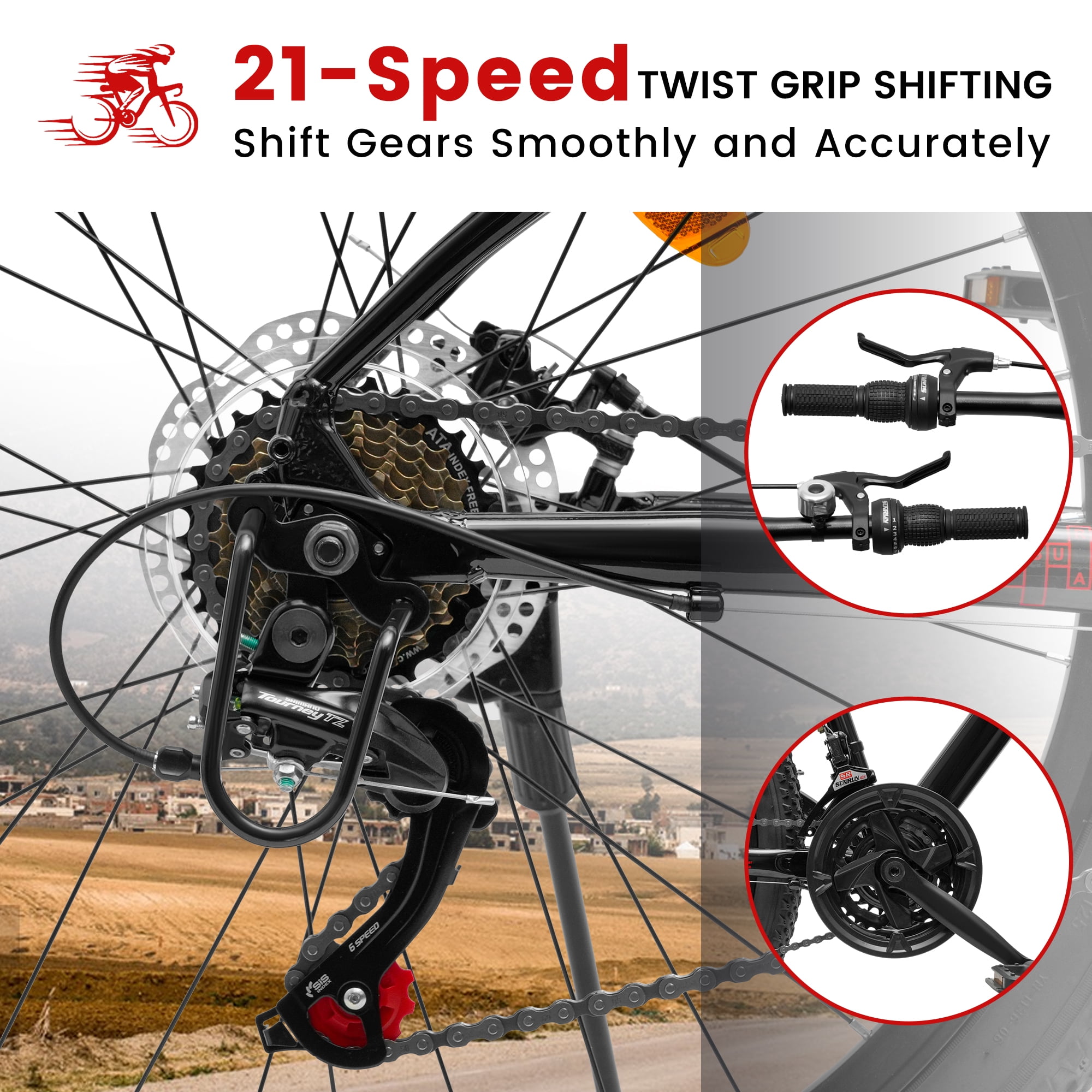 26 Inch Mountain Bike, 21 Speed Mountain Bicycle with Aluminium Alloy Frame, Dual Disc Brakes and Front Suspension, Men Commuting City Bike for Teenagers Adult, Quick Release Front Wheel, Black