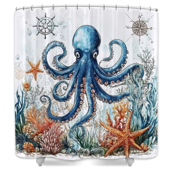 Octopus Shower Curtain, Nautical Coastal Ocean Sea Life Bathroom Decor, Waterproof Fabric Bath Curtain,12pcs Hooks,69X70 in