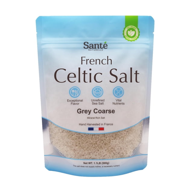Sante Naturelle Sal Marina Gruesa Gris Del Mar Céltico - 1.1Lb (18Oz) Sal Marina Francesa Sin Refinar Orgánica, Cosechada A Mano 82+ Sal Minerales, Sal Marina 100% Natural