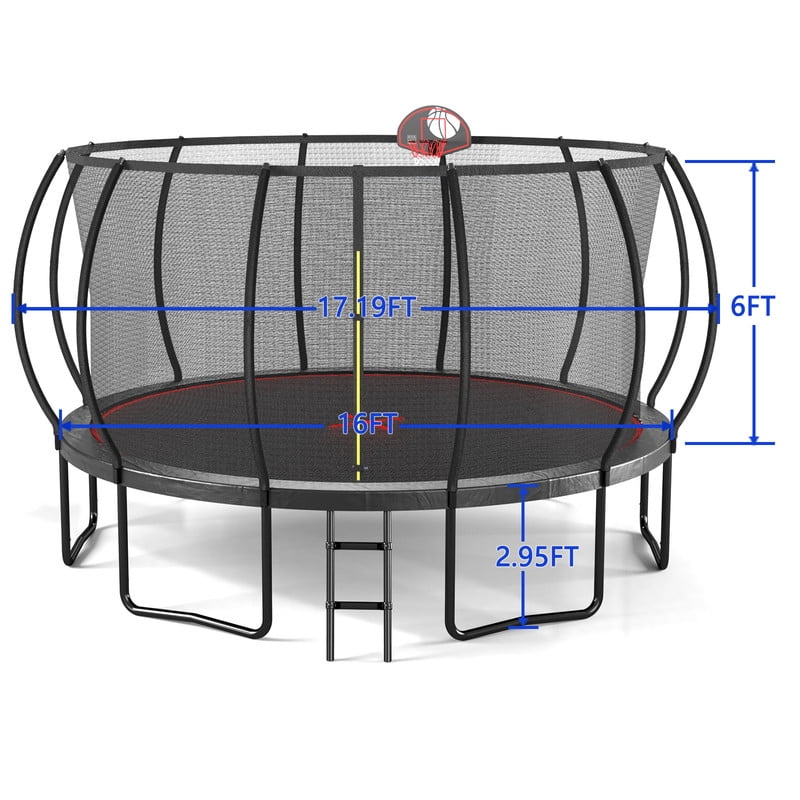 16FT Round Trampoline with Safety Enclosure, Basketball Hoop & Ladder, Galvanized Steel Frame, Outdoor Backyard Trampoline for Kids, Black