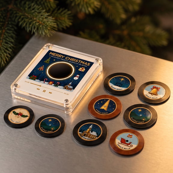 Christmas Vinyl Player Fridge Record NFC Magnetic Music Box Set Mini Record Player Music Box Featuring Vinyl Record Display Record Storage Fridge Magnets for Christmas Decor 9PCS Programmable Discs