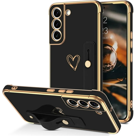 Phone Case Samsung Galaxy S22, Love Heart Cute Case with Wristband Kickstand Holder Soft TPU Plating Bumper Protective Slim Shockproof Cover for Girls Women, Black