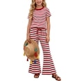 thumbnail image 2 of Babcutegg Striped Short Sleeve Round Neck T-Shirt and Flared Pant Two-Piece Set – Lightweight Summer Casual Outfit for Girls Red Size 1T, 2 of 8