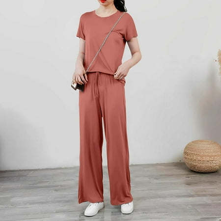 GZWYHT Sets for Women Pajamas for Women Set Women s Spring And Summer Short Sleeved Pajamas Casual Wide Leg Pants Clothes Cotton Pajamas for Women Set Comfy Pajamas for Women Set Pink M