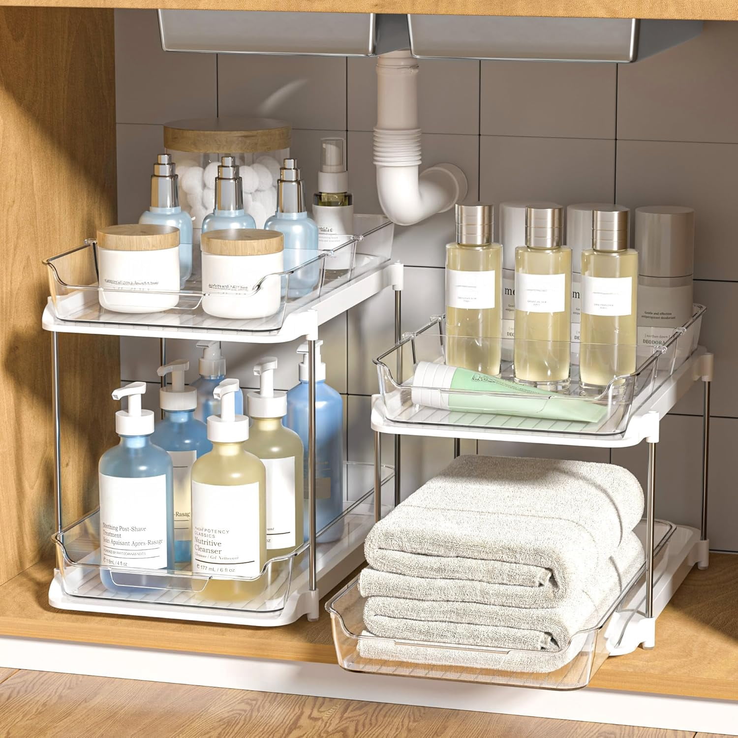 2-Tier Multi-Purpose Bathroom Under Sink Organizers and Storage, Stackable Kitchen Pantry Organization, Pull Out Medicine Cabinet Organizer with Movable Dividers, White, 4Pack