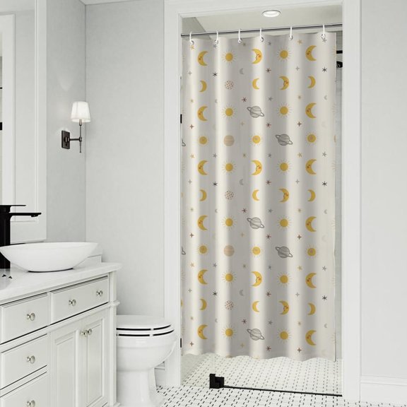 Beige Sun Moon Planet Star Pattern Shower Curtain 36"x72" ,Bathroom Decorative Shower Curtains Set with 12 Hooks,Modern Waterproof Washable Shower Curtain