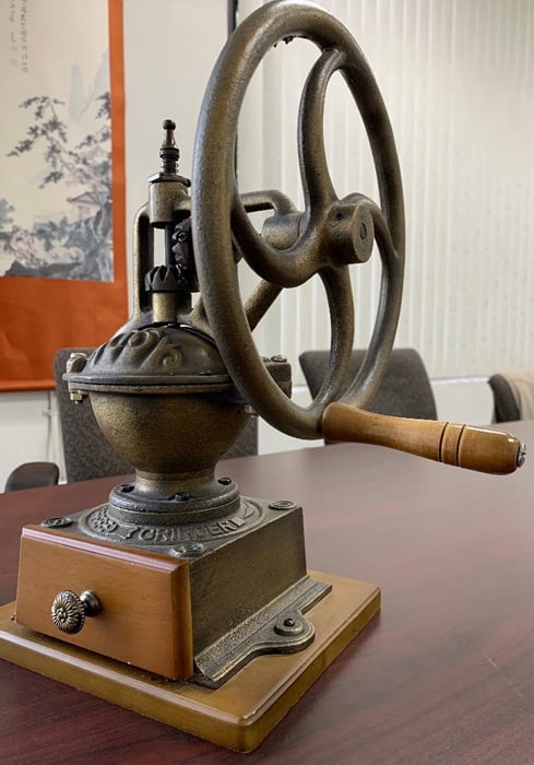 Vintage Large Cast Iron Collection Manual Counter Coffee Grinder (8" W x 8"L x 13"H)