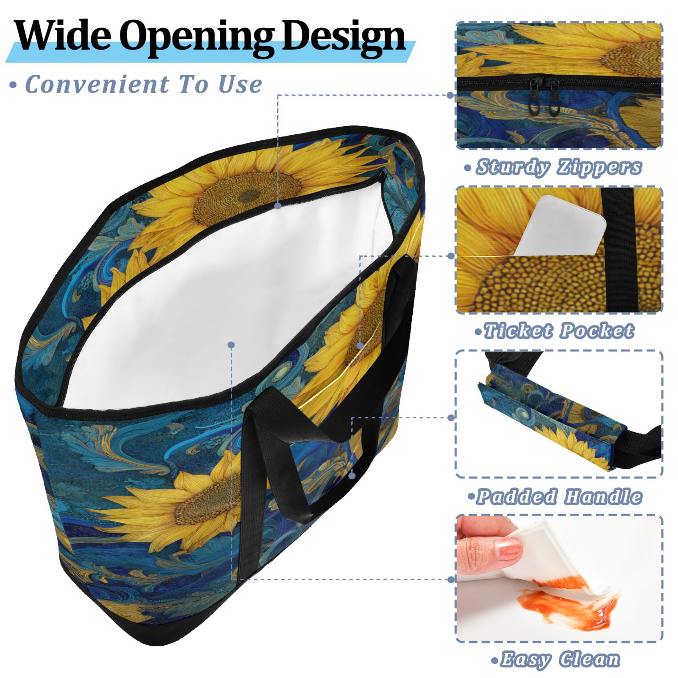 Extra-Large Wide Opening Design Capacity Hand-Held Ice Pack Thickened Insulation Layer For Long-Lasting Cold Retention For Outdoor Shopping Picnics And Camping Vibrant Yellow Sunflowers