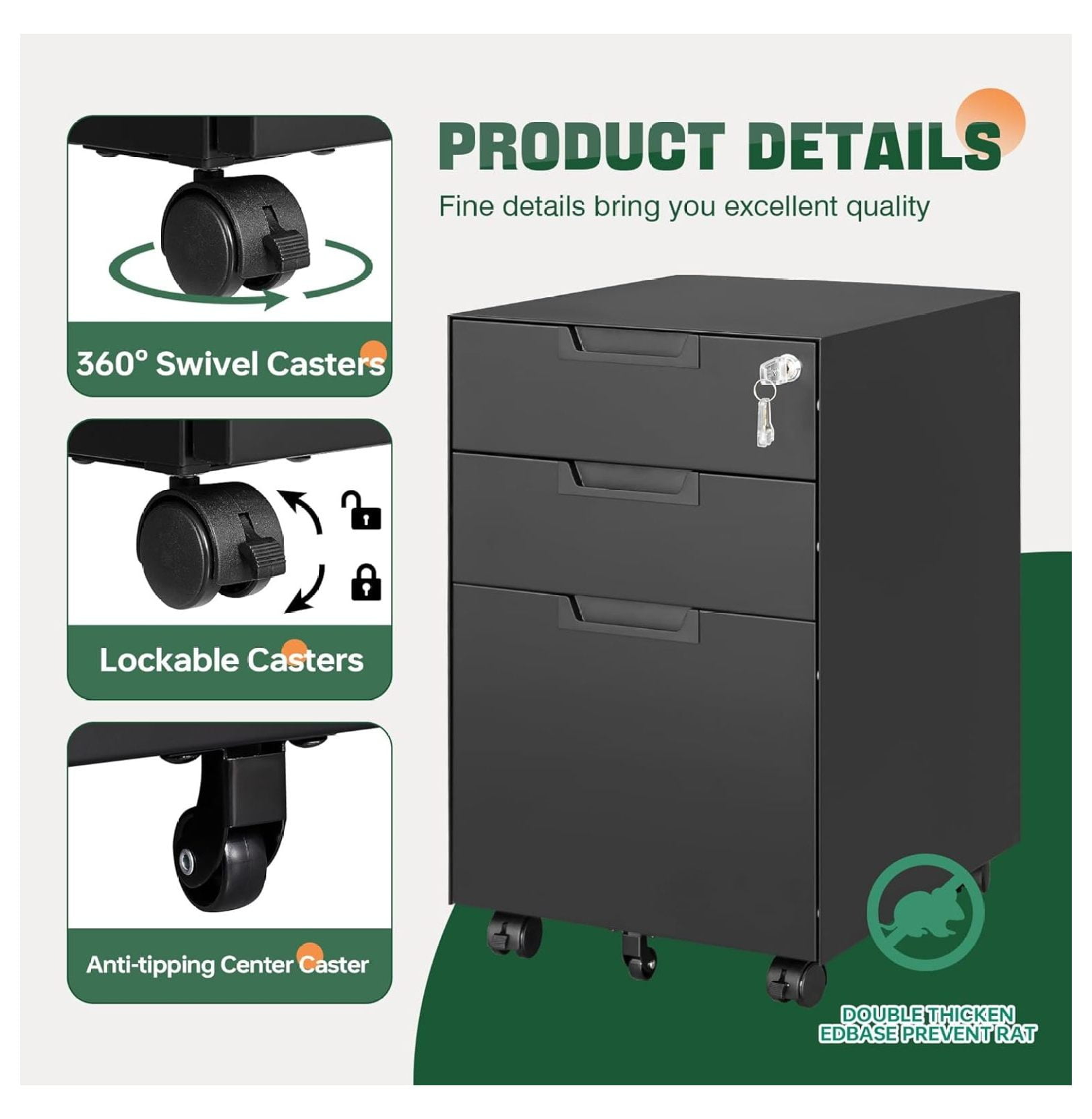 WDZS 3 Drawer Mobile File Cabinet with Lock,Under Desk Metal Small Filing Cabinets for Home Office Organizer Letters/Legal/A4(Fully Assembled Except Wheels-Black)