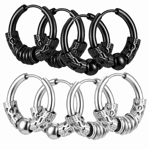 Lsupdaol 4 Pairs 14mm Men Hoop Earrings Huggie Hinged Hoop Earrings Stainless Steel Circle Beads Earrings for Men Women, Black, Silver