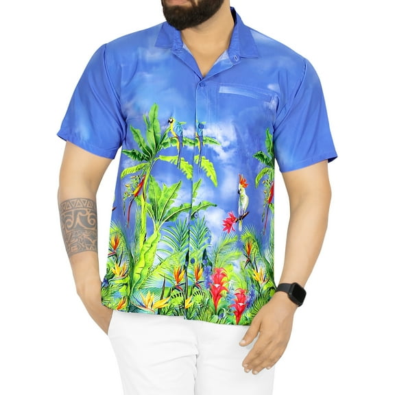 LA LEELA Men's Hawaiian Shirts Short Sleeve Button Down Shirt Men's Party Shirts Casual Holiday Summer Tropical Island Shirts for Men Funny M Cockatoo Leaf, Blue