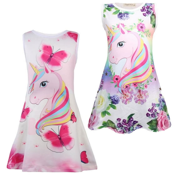 SUEE 2 Pack Girls Unicorn Sleep Dress Sleeveless T-shirt Nightwear Nightdress Size 4-9 Year