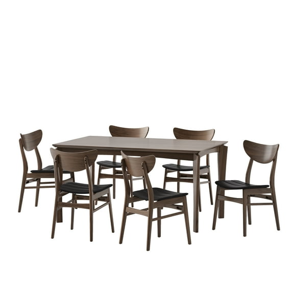 GDF Studio Chennault Wood and Faux Leather 7 Piece Dining Set, Walnut, Dark Brown