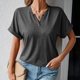 thumbnail image 4 of Camiseta de Mujer Manga Corta Botón Decoración Cuello en V Color Puro Señora Jersey Top para el Trabajo Compras Diarias Gris Oscuro M, 4 of 8