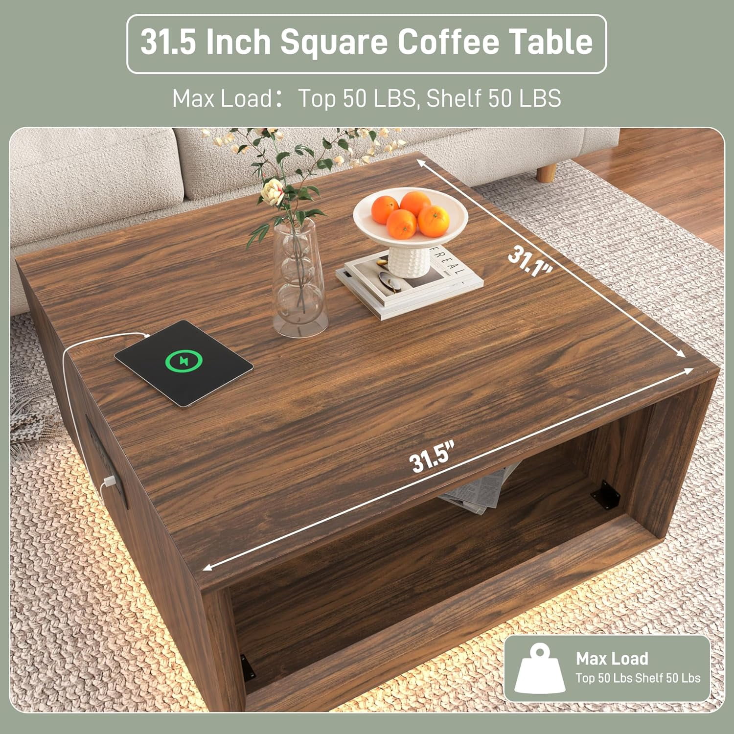 ANPOO 32"  Minimalist Modern Square Coffee Table with LED Light & Power Outlet, 2-Tier Wood Mid Century Table with Storage for Living Room