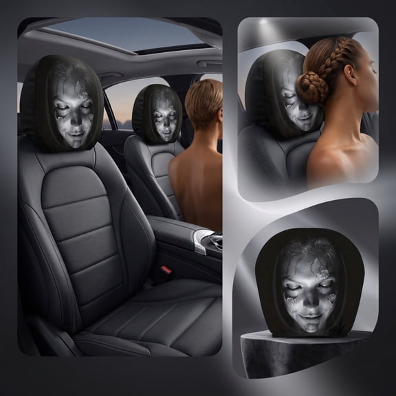 2PC Ghost Face Scary Headrest Covers for Cars, Scare Seats Halloween Decorations, Funny Washable Breathable Headrest Covers for Auto