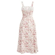 IDOPIP Women Floral Corset Spaghetti Strap Casual Sundress 2026 Summer Square Neck Boho Flowy Midi Slit Dress