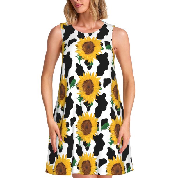 Disketp Cute Cow Print Sunflower B para Vestido sin Mangas para Mujeres, Vestidos de Verano para Mujeres, Casual y Holgado para la Playa