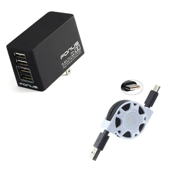 Retractable USB Cable w 34W Home Charger D6R for Acer Liquid Jade Primo - Alcatel PulseMix, 7, Idol 5S 5 4S - ASUS Zenfone V Live, ROG Phone, AR 6 5z 4 Pro - Blackberry Motion, Key2, KEYone