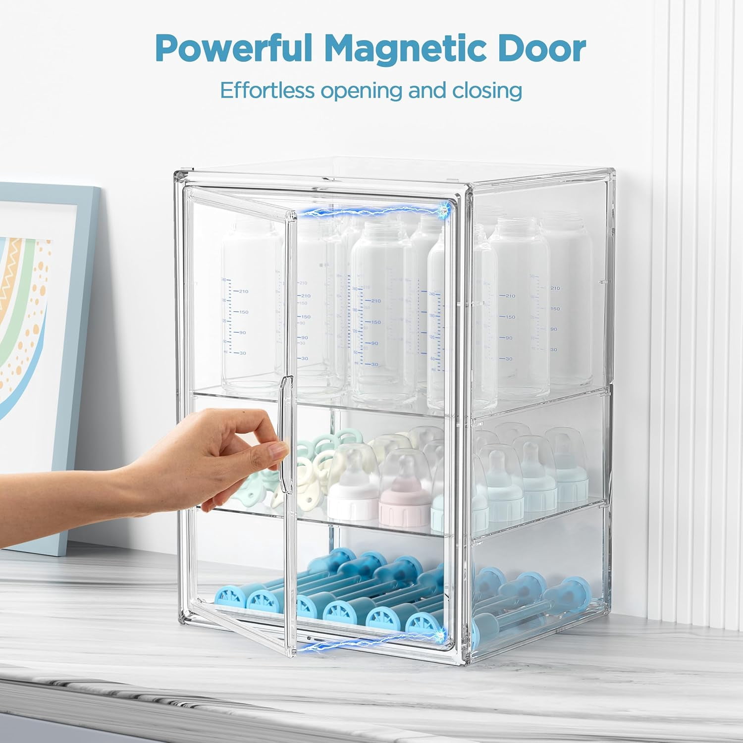 8.66*10.63*14.17in Baby Bottle Organizer,3-Tier Adjustable Clear Acrylic Storage Station Case Box Container with 2 Removable Dividers and Magnetic Door for Nipples Pump Parts Food Jars