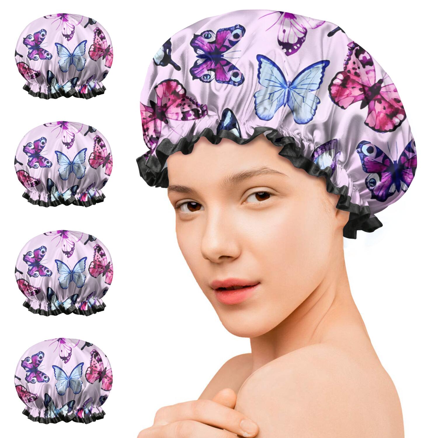 Shower Caps,Pink Butterfly Pattern Waterproof Shower Cap for Women 4 Pieces,Double Reusable Hair Cover for Shower PEVA Elastic Stretch Hem