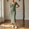 thumbnail image 2 of Wdgfv Robes Décontractées pour Femmes 2025 Été Côtelé à Manches Courtes Moulant Robe Maxi Fente Latérale Tricot Col Carré Longue Robe d'Été, 2 of 6