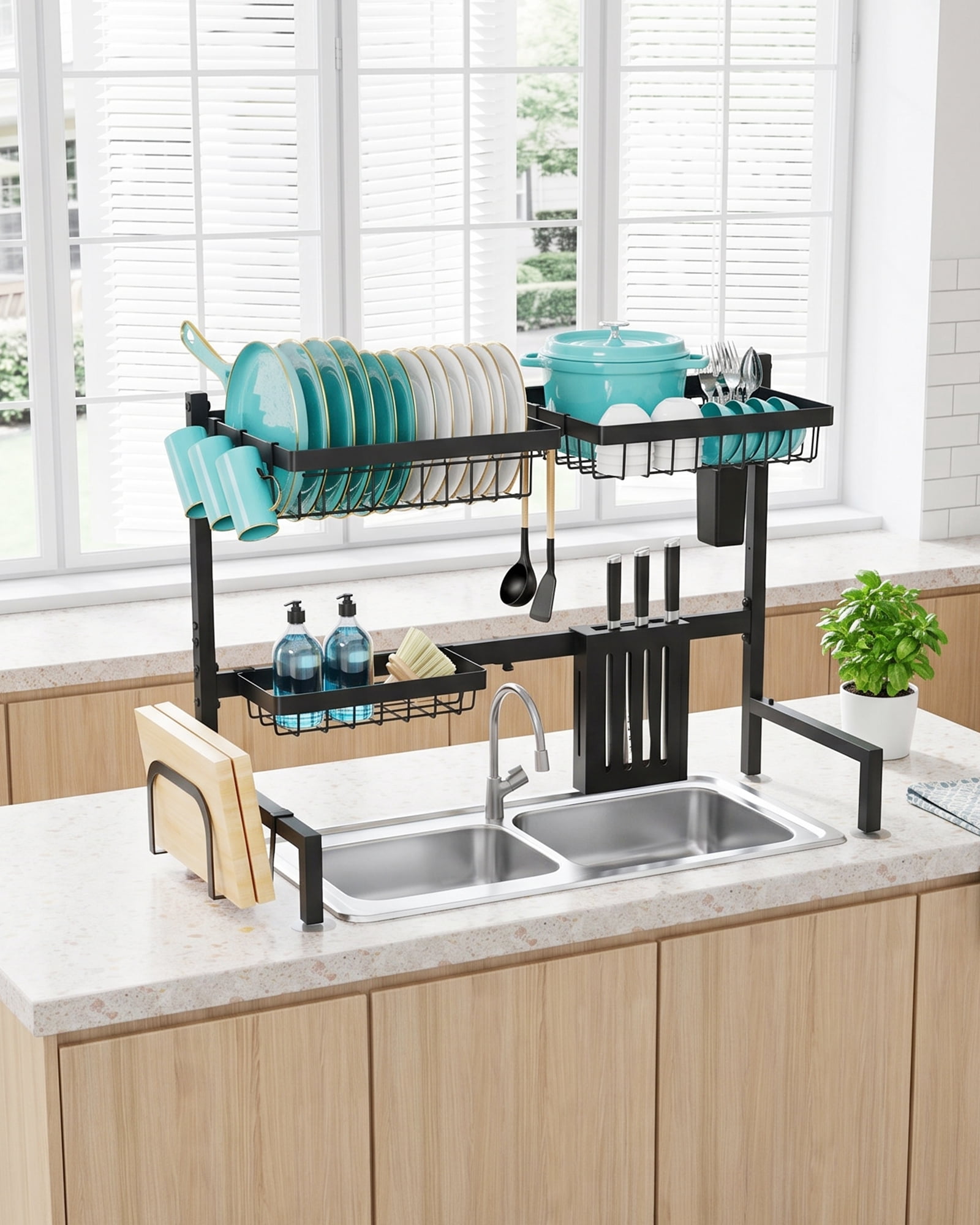 Sakugi Over The Sink Dish Drying Rack, 30" -33.9" L x 11" W x 21" H Expandable Dish Drainer, Stainless Steel Dish Rack, Black