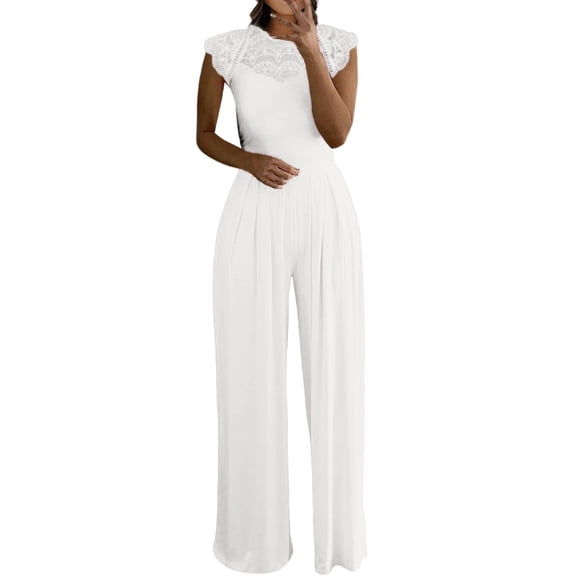 HXWCHs Women's Denim Jumpsuit, Elegant Women's Sleeveless Jumpsuit with Ruffle and Lace Featuring Straight Leg Trousers XL White