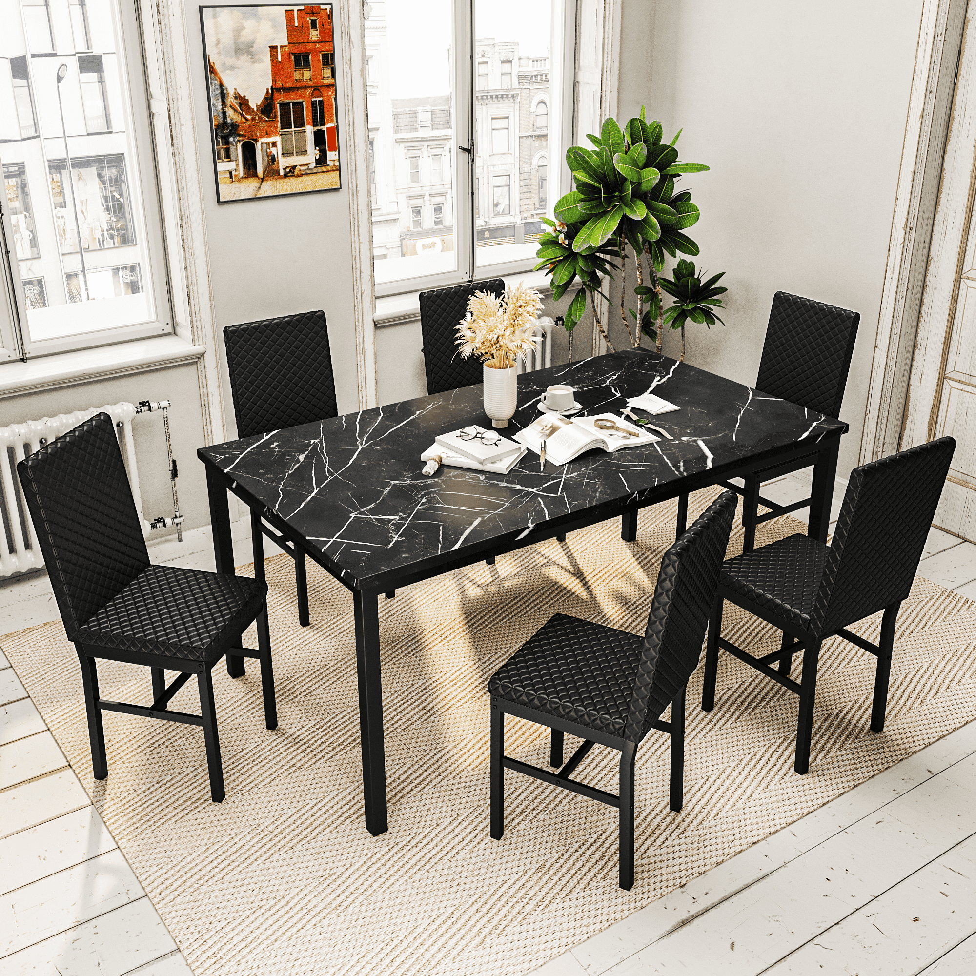 LinkRomat 7-Piece Modern Dining Table Set for 6, Faux Marble Table with PU Leather Chairs, Black
