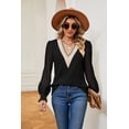 thumbnail image 6 of Women's V-Neck Lace Patchwork Loose Long Sleeve Knit Cotton T-shirt for Autumn/Winter, 6 of 8