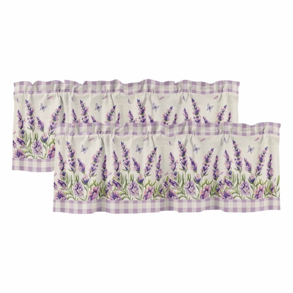 Purple Lavenders Valances for Windows, Decorative Rod Pocket Window Valance Curtains, Spring Floral Plaid Farmhouse Rustic Short Curtain Drapes for Kitchen/Living Room, 2 Panels, 42" W x 18" L