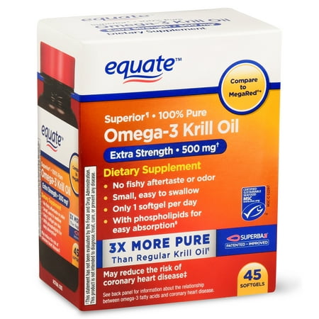 (2 pack) Equate Omega-3 Krill Oil Extra Strength Softgels, 500 Mg, 45