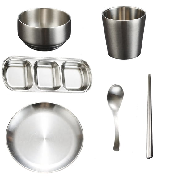 Stainless Steel Cutlery, Includes Spoon, Chopsticks, Cup, Plate, Sauce Dish Bowl, 304 Stainless Steel Tableware Set for Hot Pot and BBQ, Long-Lasting Thickened One-Piece Design, Silver