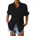 thumbnail image 1 of Camisa Estilo Boyfriend A Rayas Fruncidas para Mujer, Blusa Informal con Cuello Corto, Mangas , Botones y Bolsillo, Color Negro, Talla L, 1 of 7