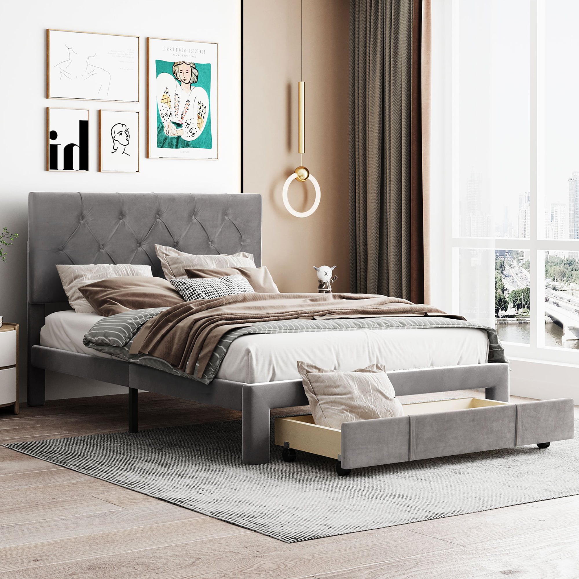 SYNGAR Full Size Fully Velvet Upholstered Platform Bed Frame with
