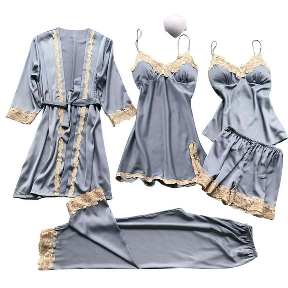 FRSASU Plus size Pajamas Women's Lingerie Silk Lace Robe Dress Nightdress Nightgown Sleepwear Blue M(M)