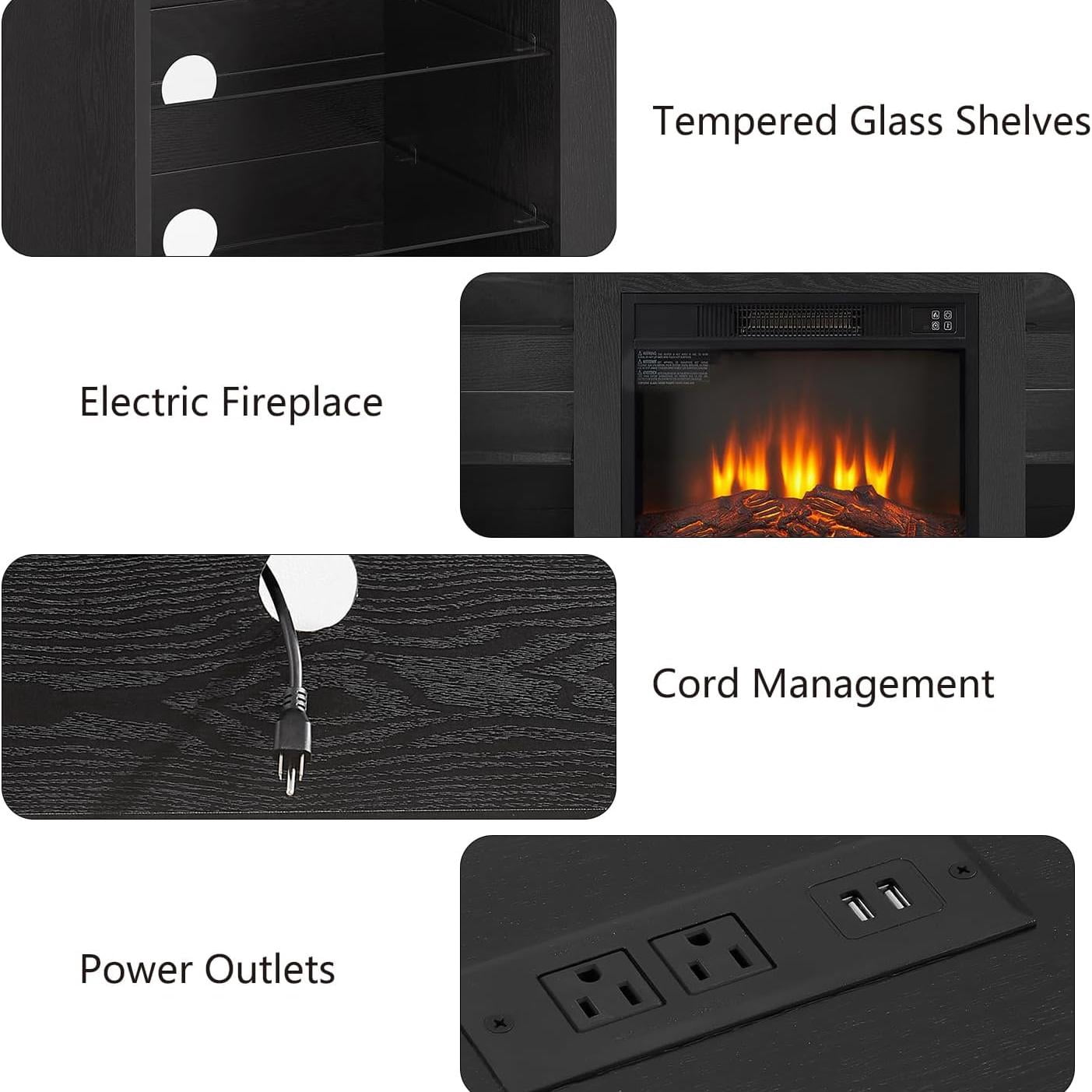 Electric Fireplace TV Stand with LED Lights and Charging Outlets, Black TV Console for TVs Up to 65", Modern Entertainment Center, TV Stand for Bedroom