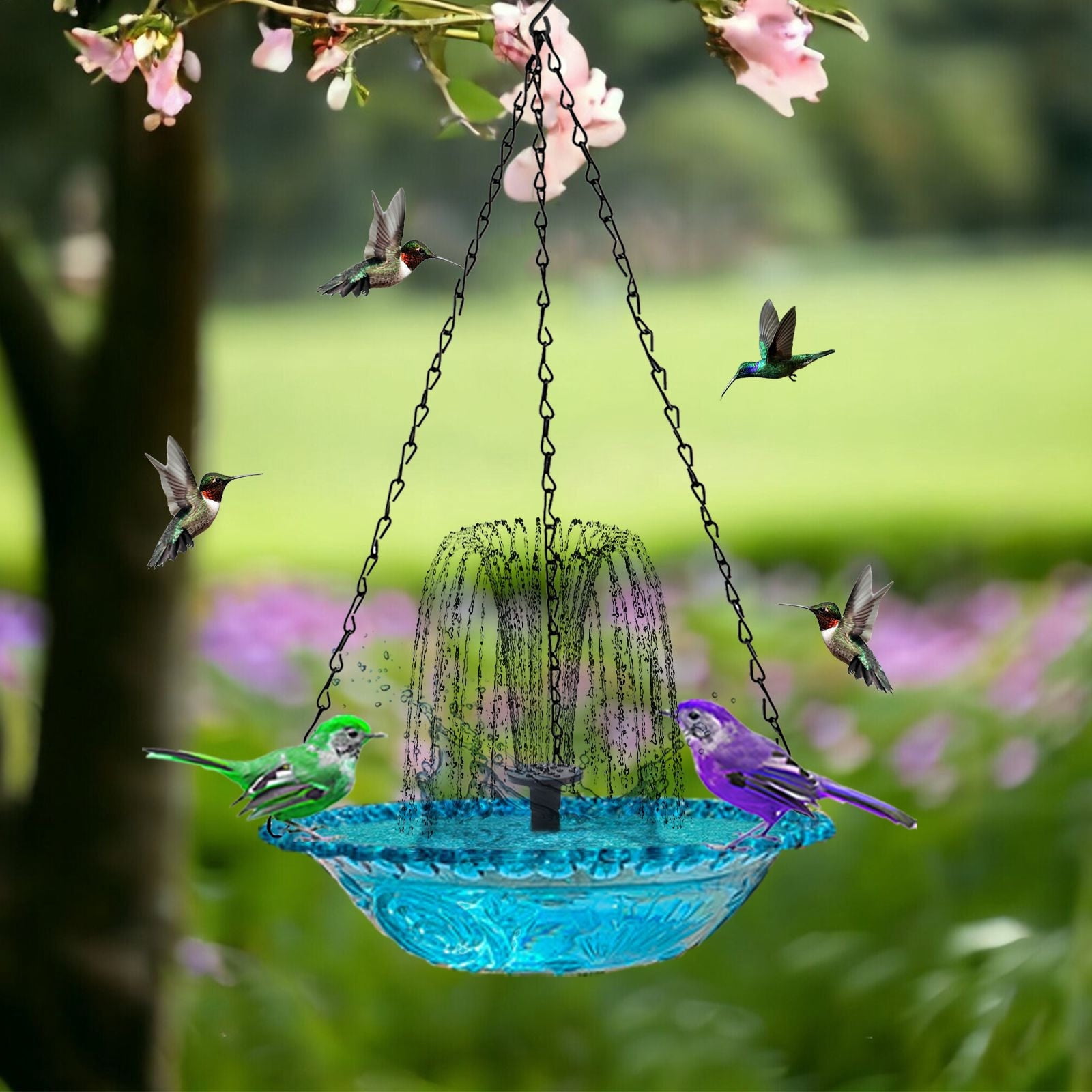 Solar Fountain BirdBath, Outdoor Hanging Bird Bath Fountain, Garden Hanging Hummingbird Bath Bowl Bird Shower with 7 Nozzles for Garden Lawn Yard