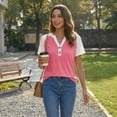 thumbnail image 2 of Gingprous Women's Casual Henley Shirt Short Sleeve Color Block Button Up V-Neck Tee Tops for Summer, 2 of 8