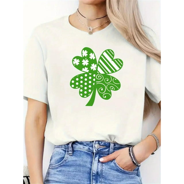 St. Patrick'S Day, Four-Leaf Clover, Luck, Holiday Gifts, St. Patrick'S Themed Donations, Unique Patterns, New Women'S Round-Neck Casual Sports Comfortable T-Shirt.
