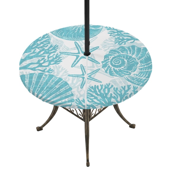 Round Outdoor Tablecloth with Umbrella Hole and Zipper, Aqua Coastal Tablecloth with Elastic Waterproof, Beach Starfish Nautical Coral Shell Summer Patio Table Covers for 55" - 60" Pool Tables