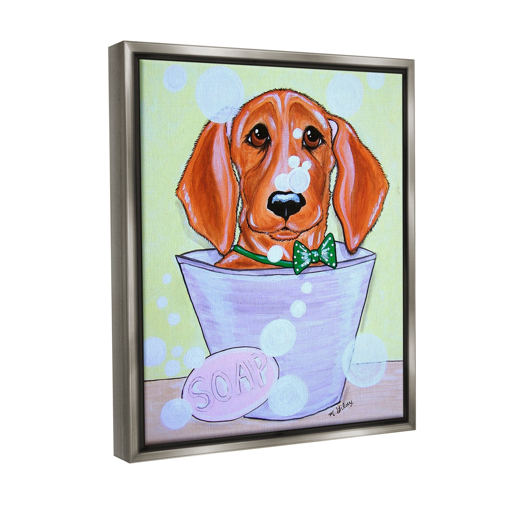 Stupell Industries Puppy with Soap Bubbles Animals & Insects Painting Gray Floater Framed Canvas Art Print Wall Art, 17 x 21