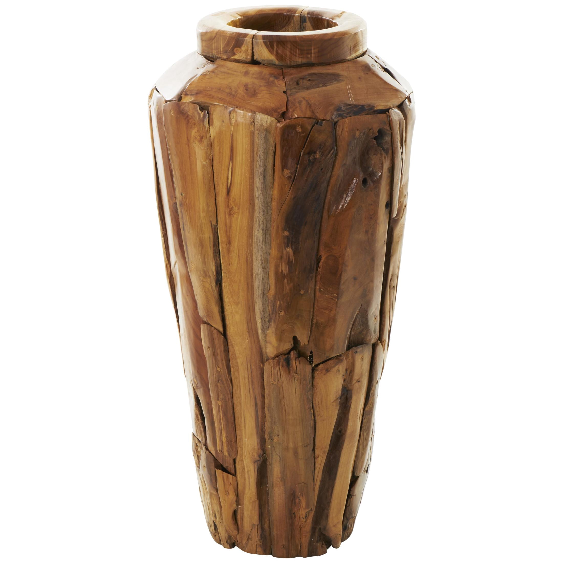 DecMode 32" Handmade Tall Floor Brown Teak Wood Vase with Mosaic Live Edge Pieces