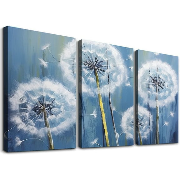 JRXY Dandelion Wall Art,White Dandelion In the Blue Background 3 Piece Canvas Print Wall Art for Living Room Bedroom Wall Painting Decoration Modern Abstract Artwork Ready to Hang 12x16x3pcs