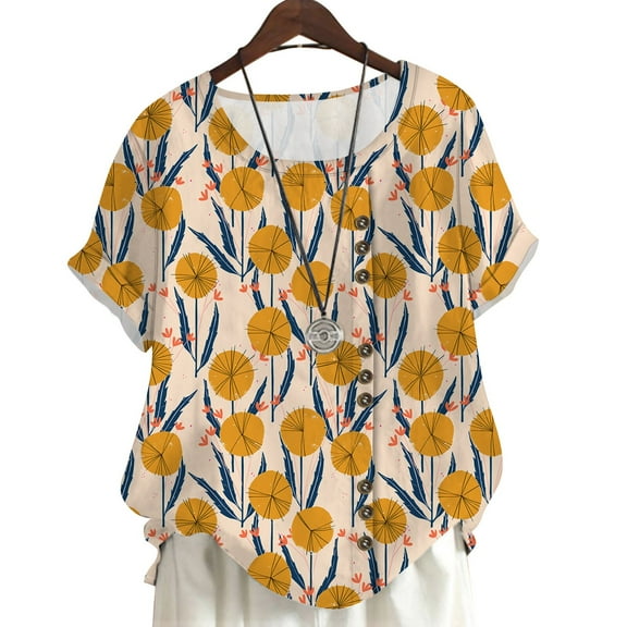 CLOOCL Short Sleeve Blouse Floral 3D Printed T-Shirt Summer Yellow Tops Oversized