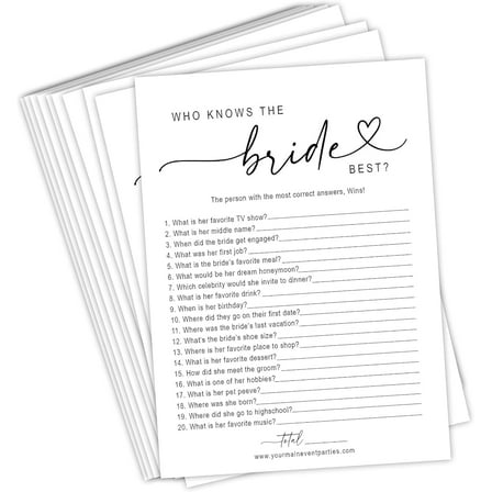 Bridal Shower Games Who Knows The Bride Best for Weddings, Bridal Showers, Bachelorette Parties, White