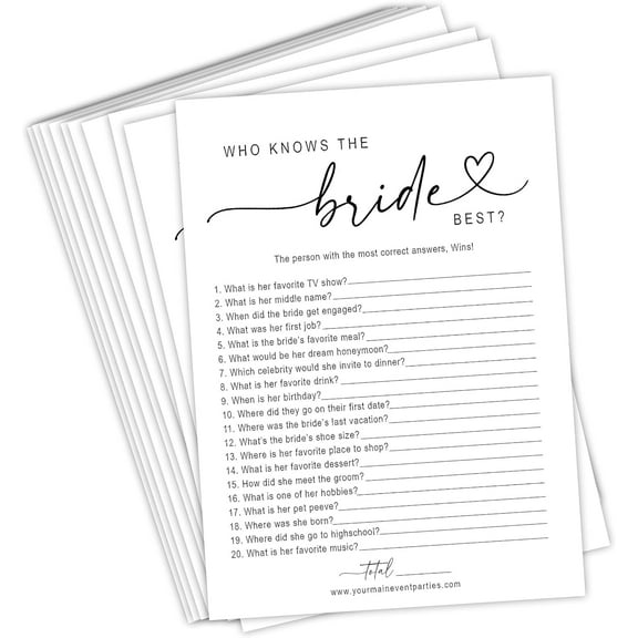 Bridal Shower Games Who Knows The Bride Best for Weddings, Bridal Showers, Bachelorette Parties, White