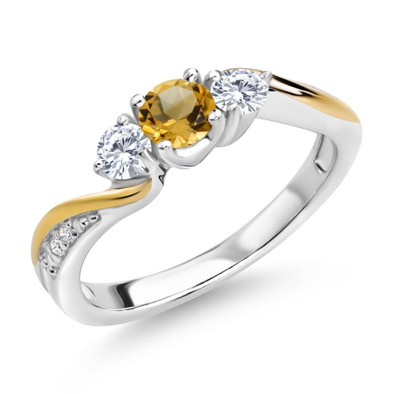 Gem Stone King 925 Sterling Silver and 10K Yellow Gold Yellow Citrine and White Lab Grown Diamond 3 Stone Engagement Ring for Women (0.48 Cttw, Gemstone November Birthstone, Size 6)