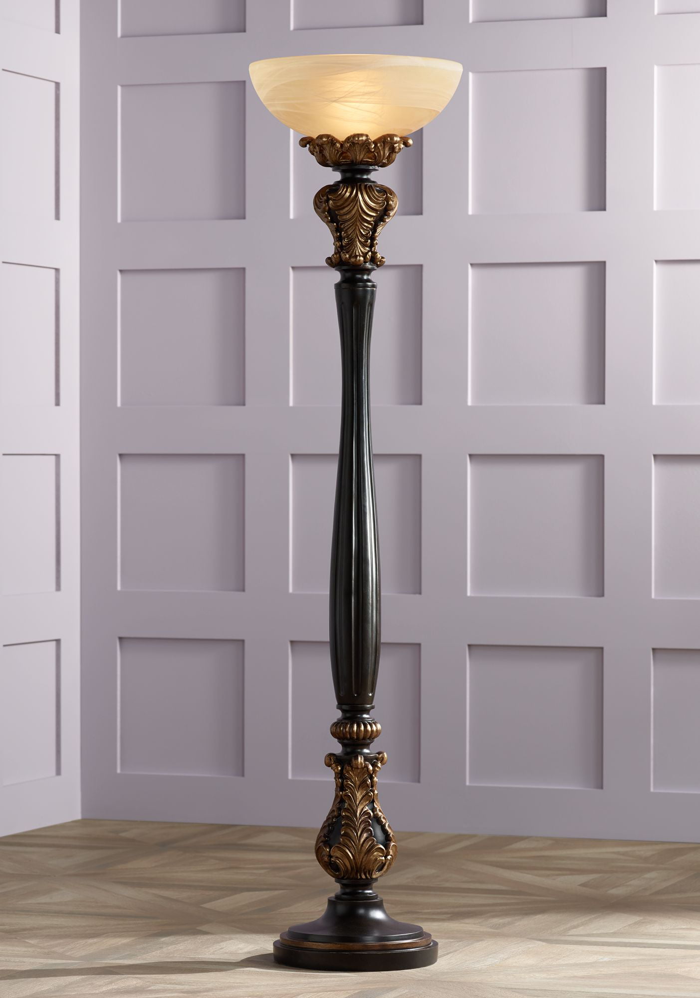 Barnes and Ivy Traditional Torchiere Floor Lamp Carved Wood Amber Glass